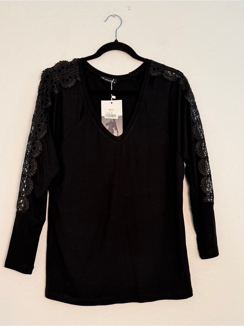 Milan Kiss Women's Medium Blouse Black Sheer Floral Embroidery Longsleeve V-Neck